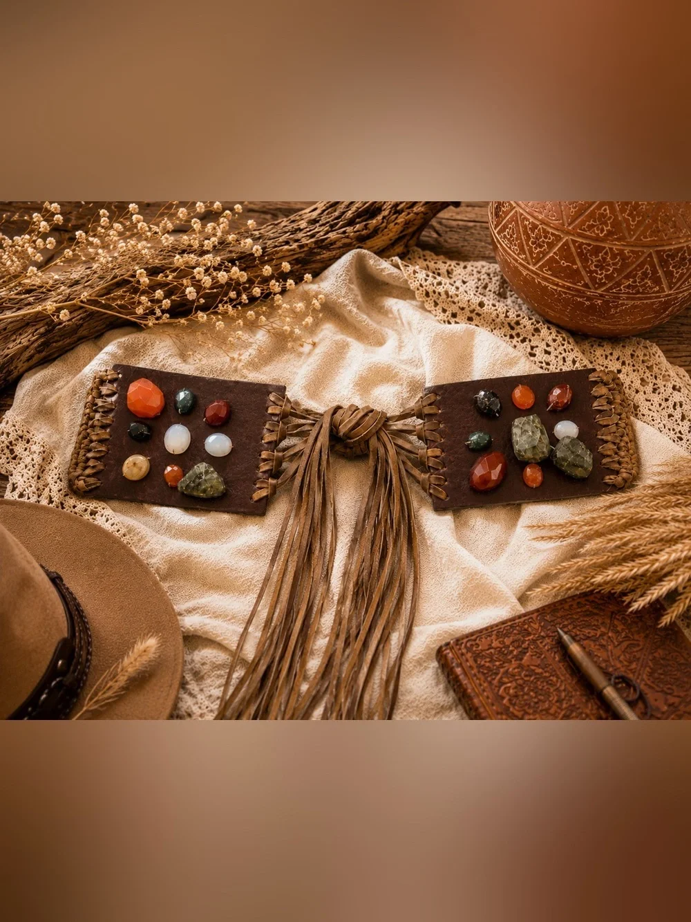 Orciani Belt Vintage 1990s Brown Leather Agate Stone Boho Tie Waist 85cm Medium